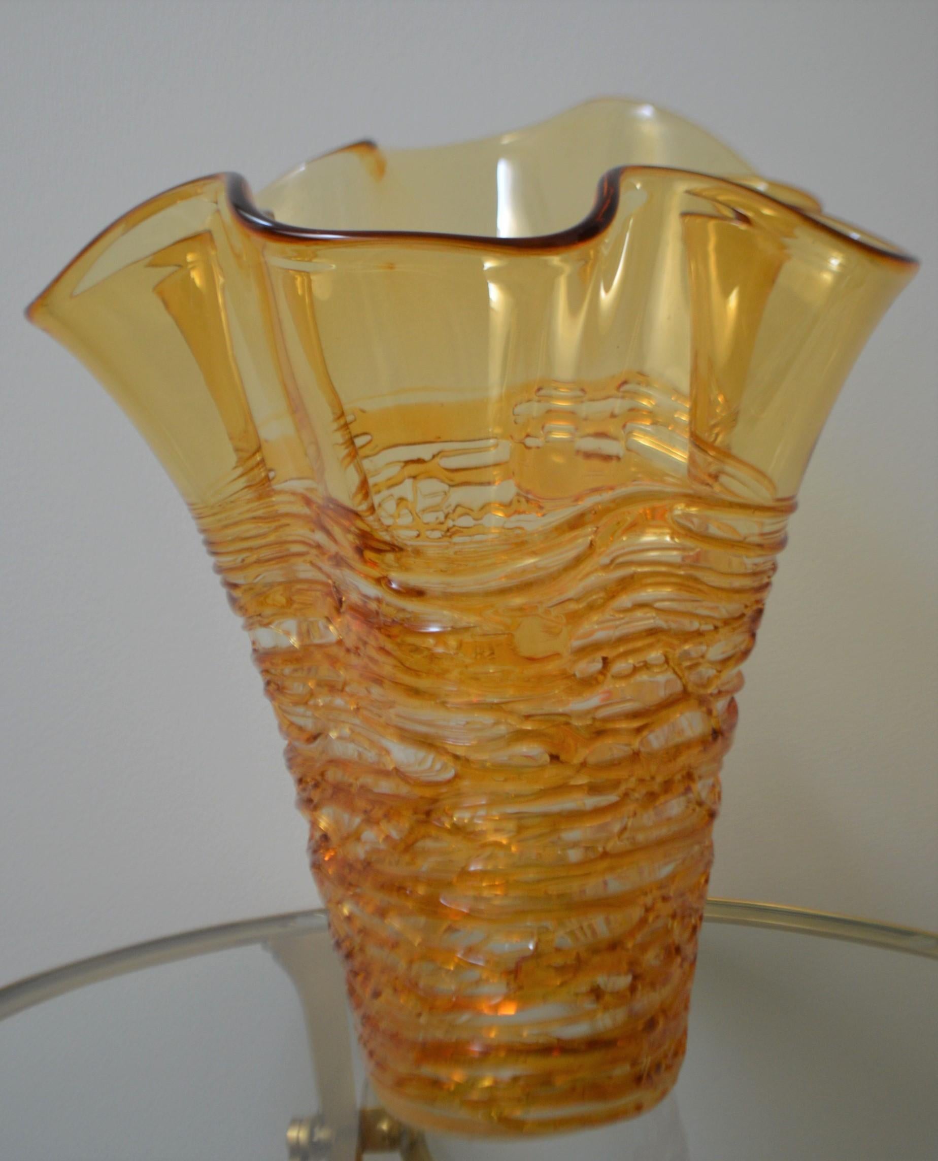 Mid-Century Modern Hand Blown Decorative Murano Gold Glass Vase with a Lace Design