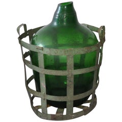 Antique Hand Blown Demijohn in Vintners Metal Basket, 1920