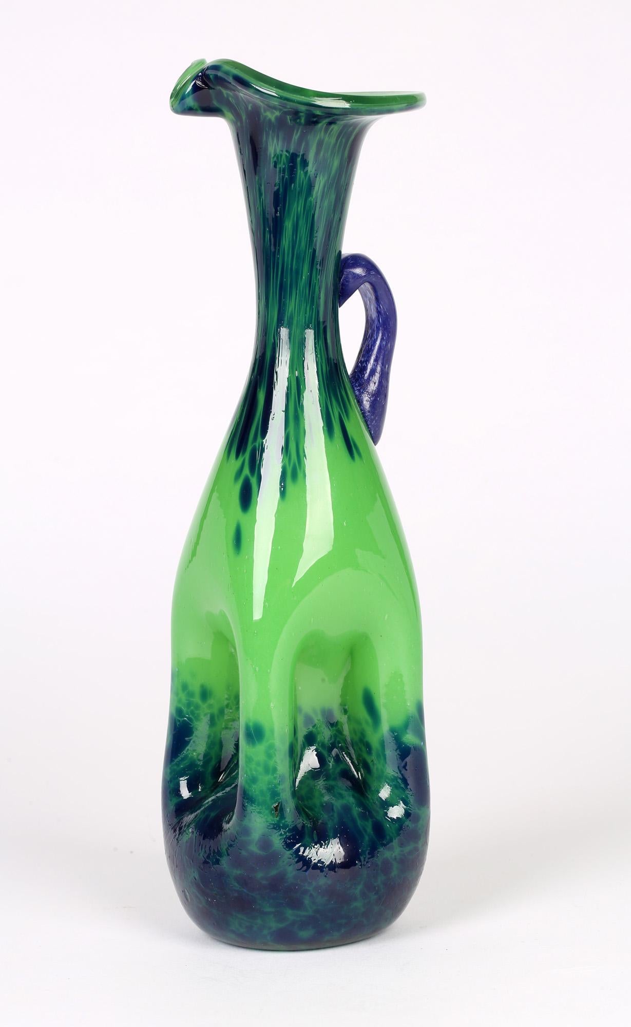 Hand Blown Dimple Design Handled Stylish Art Glass Jug For Sale 2