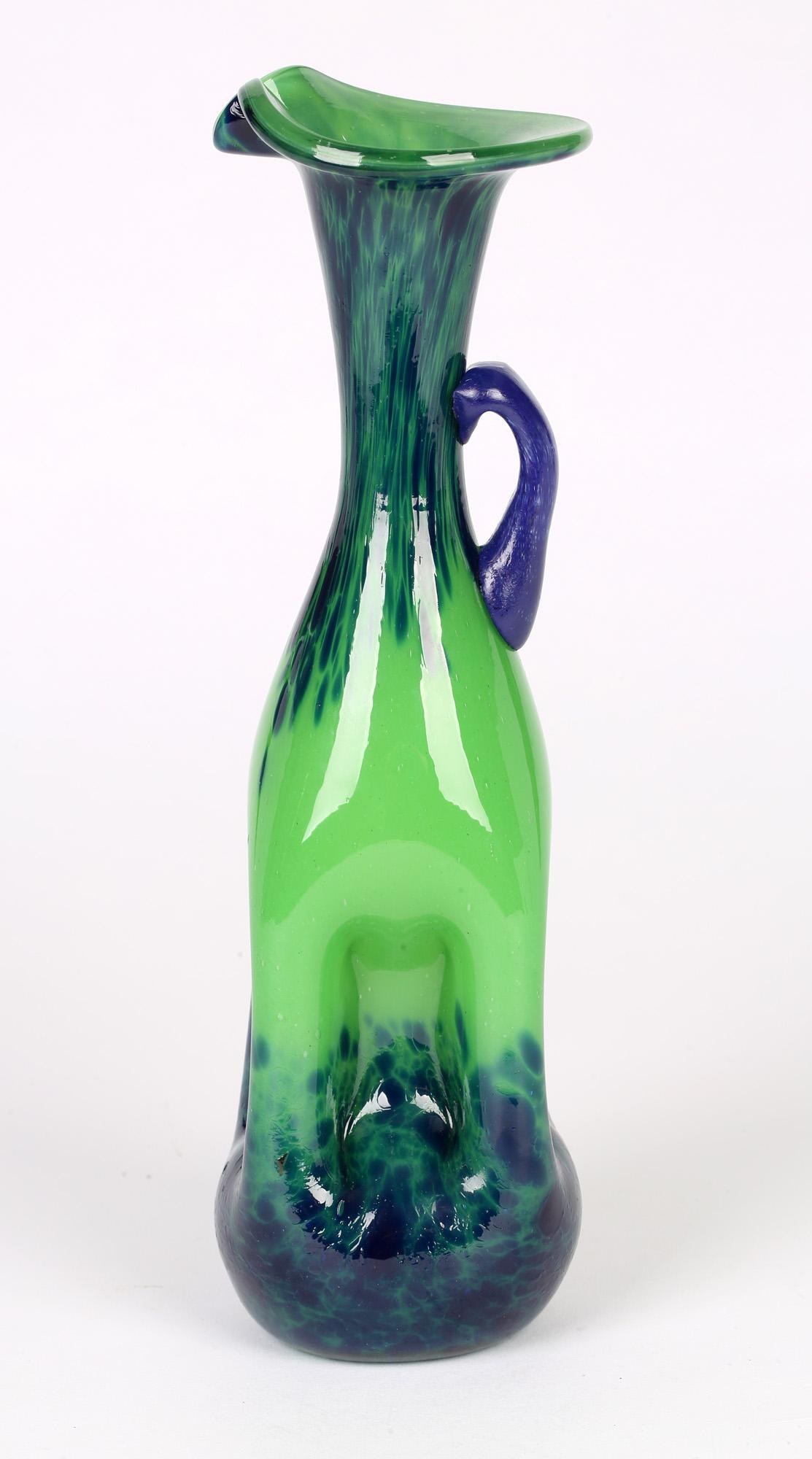 Hand-Crafted Hand Blown Dimple Design Handled Stylish Art Glass Jug For Sale