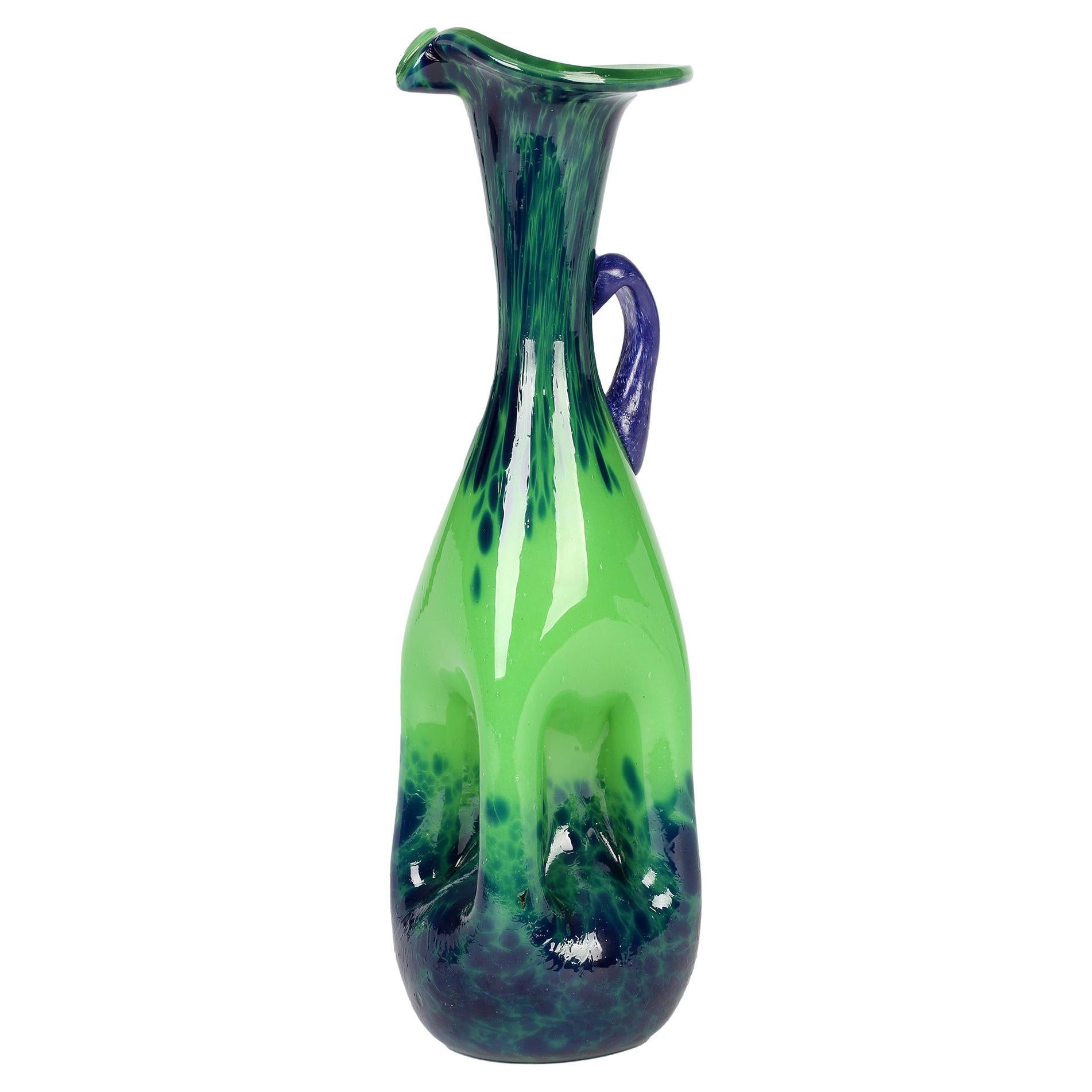Hand Blown Dimple Design Handled Stylish Art Glass Jug For Sale