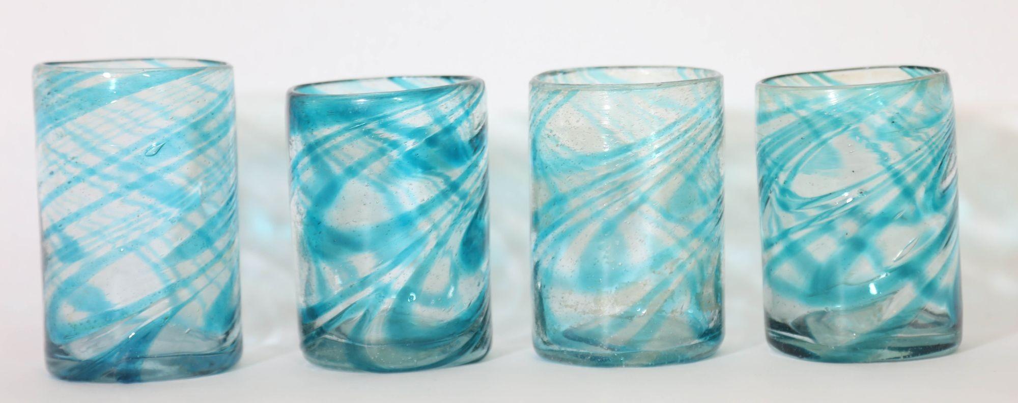 Hand Blown Drinking Glasses Handcrafted Blue Swirl set of 4 For Sale 5
