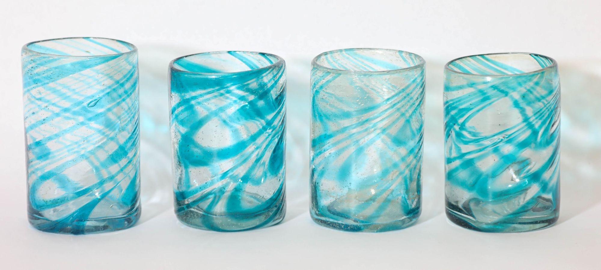Hand Blown Drinking Glasses Handcrafted Blue Swirl set of 4 For Sale 6