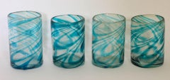 Hand Blown Drinking Glasses Handcrafted Blue Swirl set of 4