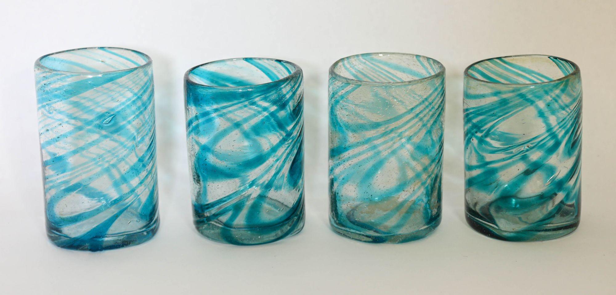Folk Art Hand Blown Drinking Glasses Handcrafted Blue Swirl set of 4 For Sale