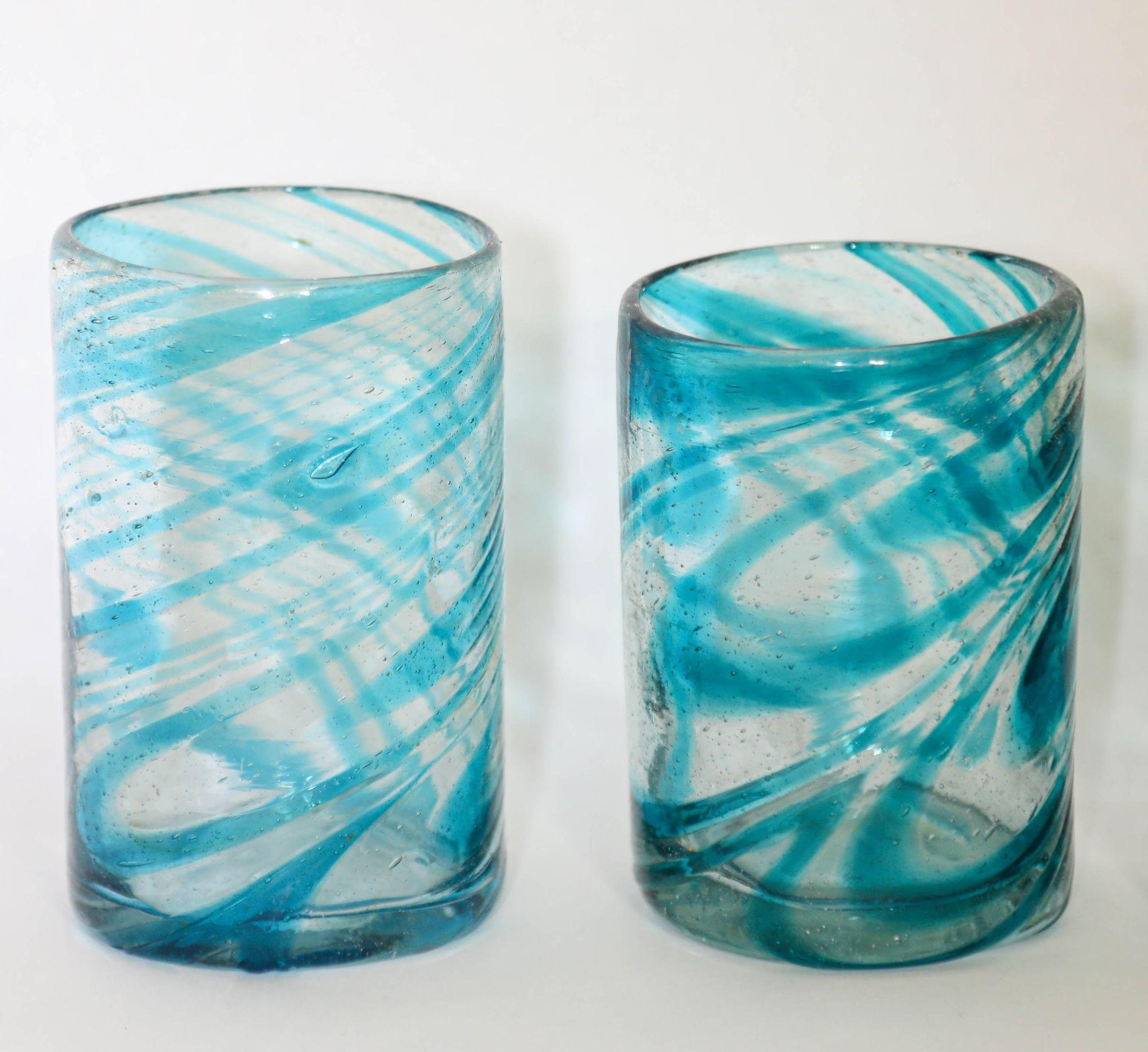 Mexican Hand Blown Drinking Glasses Handcrafted Blue Swirl set of 4 For Sale