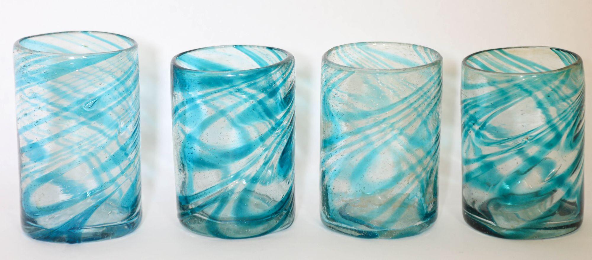 Hand-Crafted Hand Blown Drinking Glasses Handcrafted Blue Swirl set of 4 For Sale