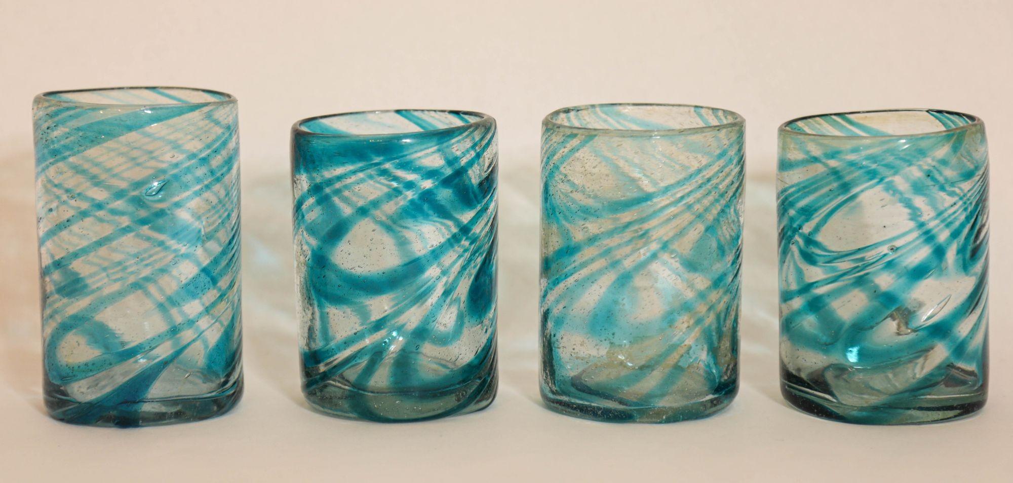 20th Century Hand Blown Drinking Glasses Handcrafted Blue Swirl set of 4 For Sale