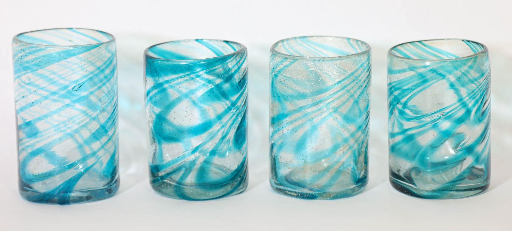 Blown Glass Hand Blown Drinking Glasses Handcrafted Blue Swirl set of 4 For Sale