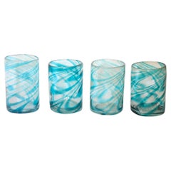 Hand Blown Drinking Glasses Handcrafted Blue Swirl set of 4