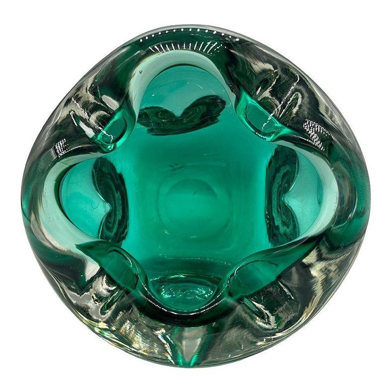 Italian Hand Blown Emerald Green Murano Weighted Cased Art Glass Ashtray For Sale