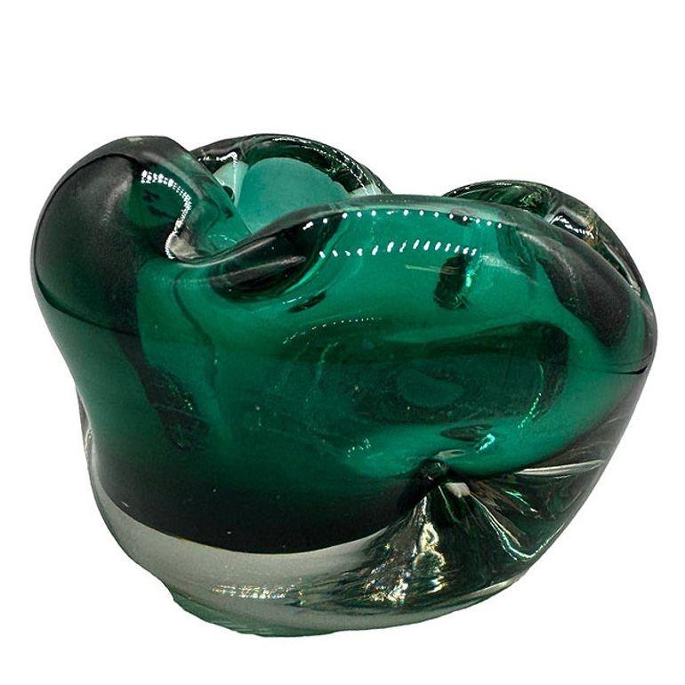 Mid-20th Century Hand Blown Emerald Green Murano Weighted Cased Art Glass Ashtray For Sale