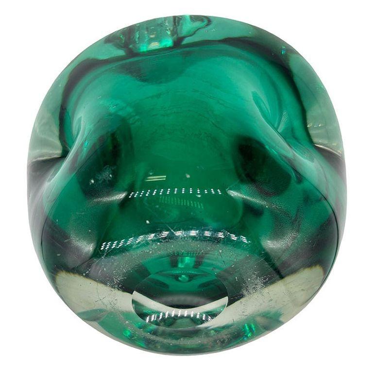 Hand Blown Emerald Green Murano Weighted Cased Art Glass Ashtray For Sale 2