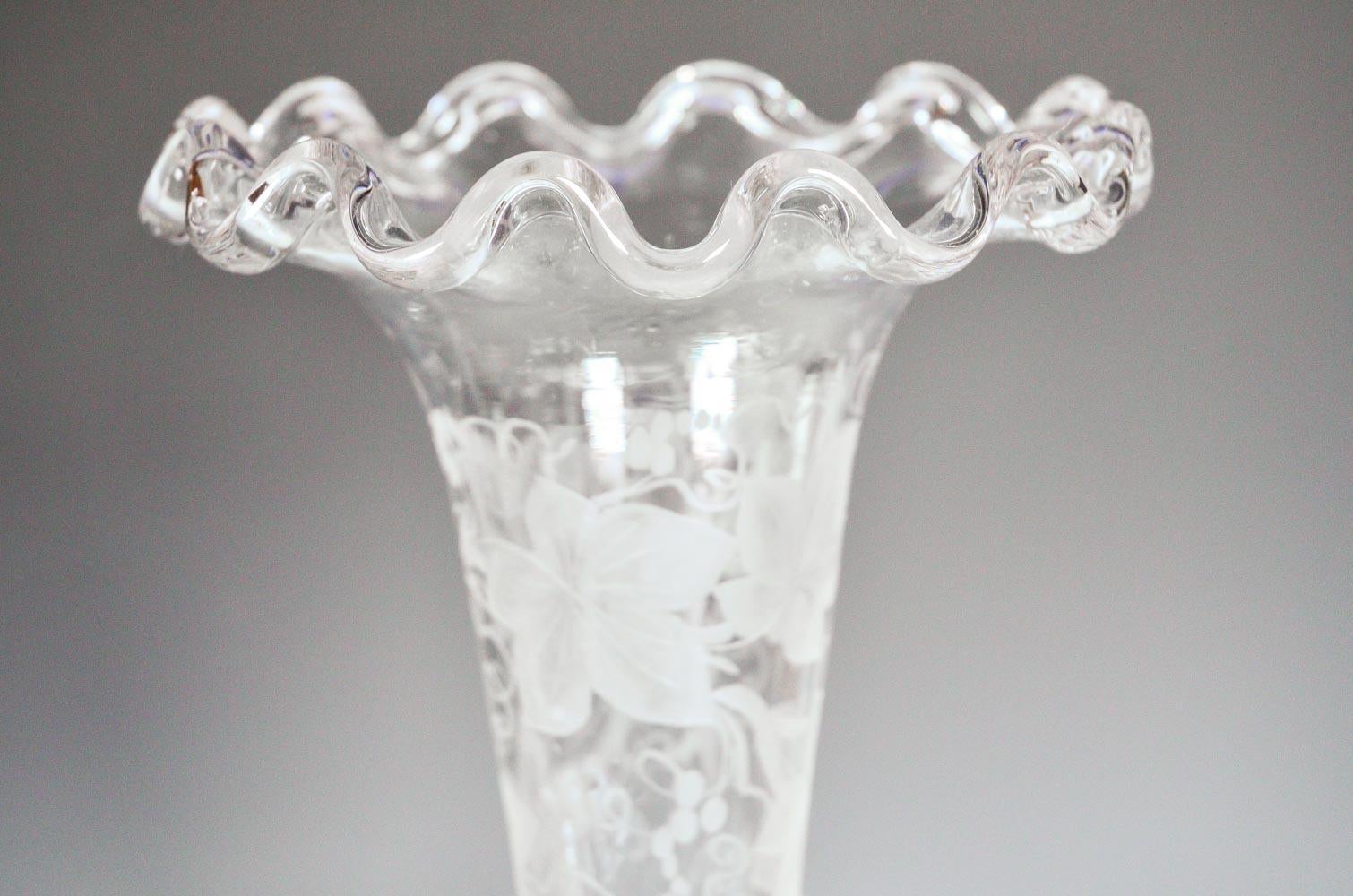 Blown Glass Hand Blown English Crystal 4 Trumpet Epergne with Wheel Cut Engraved Decoration For Sale