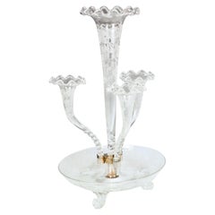 Hand Blown English Crystal 4 Trumpet Epergne with Wheel Cut Engraved Decoration