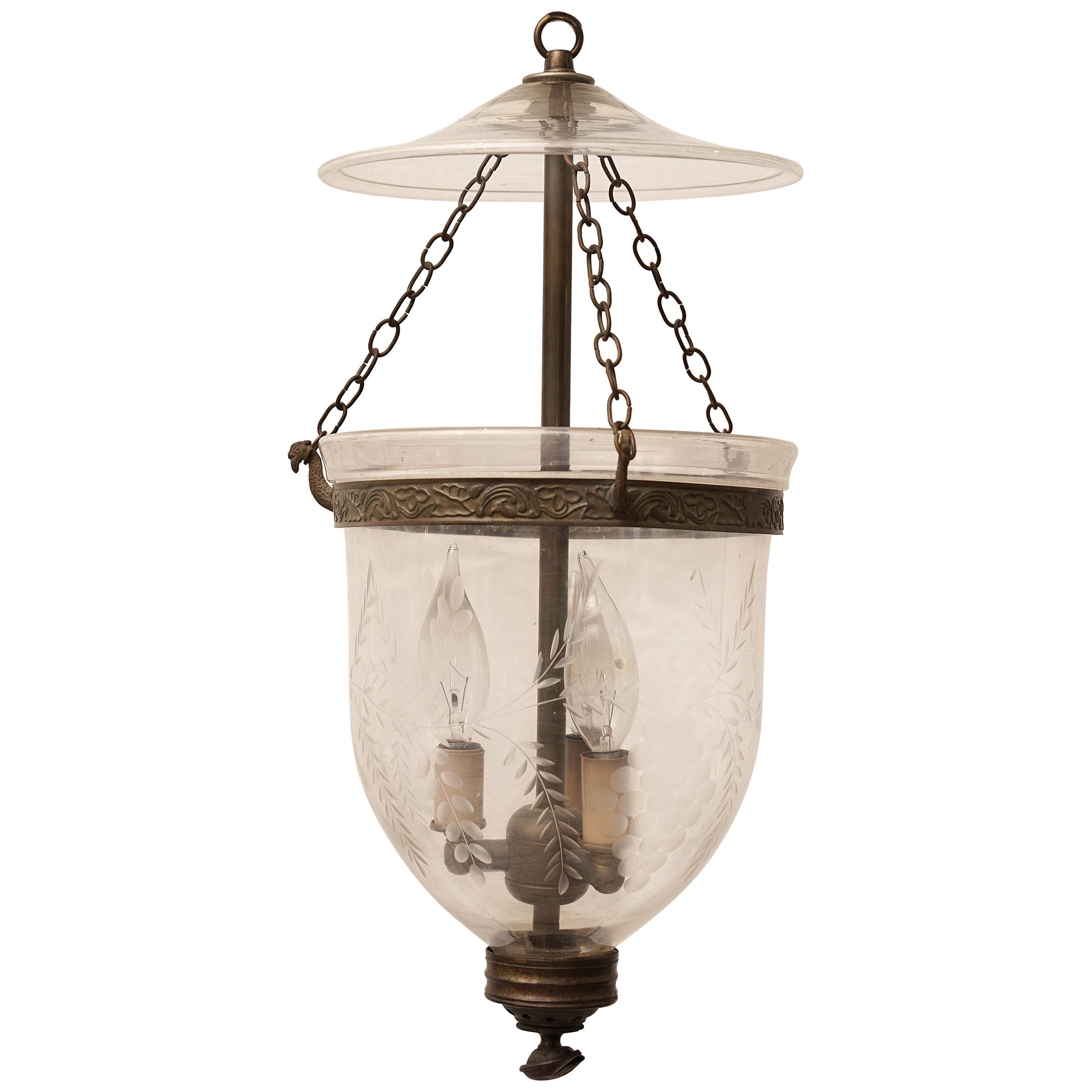 Hand Blown Etched Bell Jar Hall Lantern, Late 19th Century English