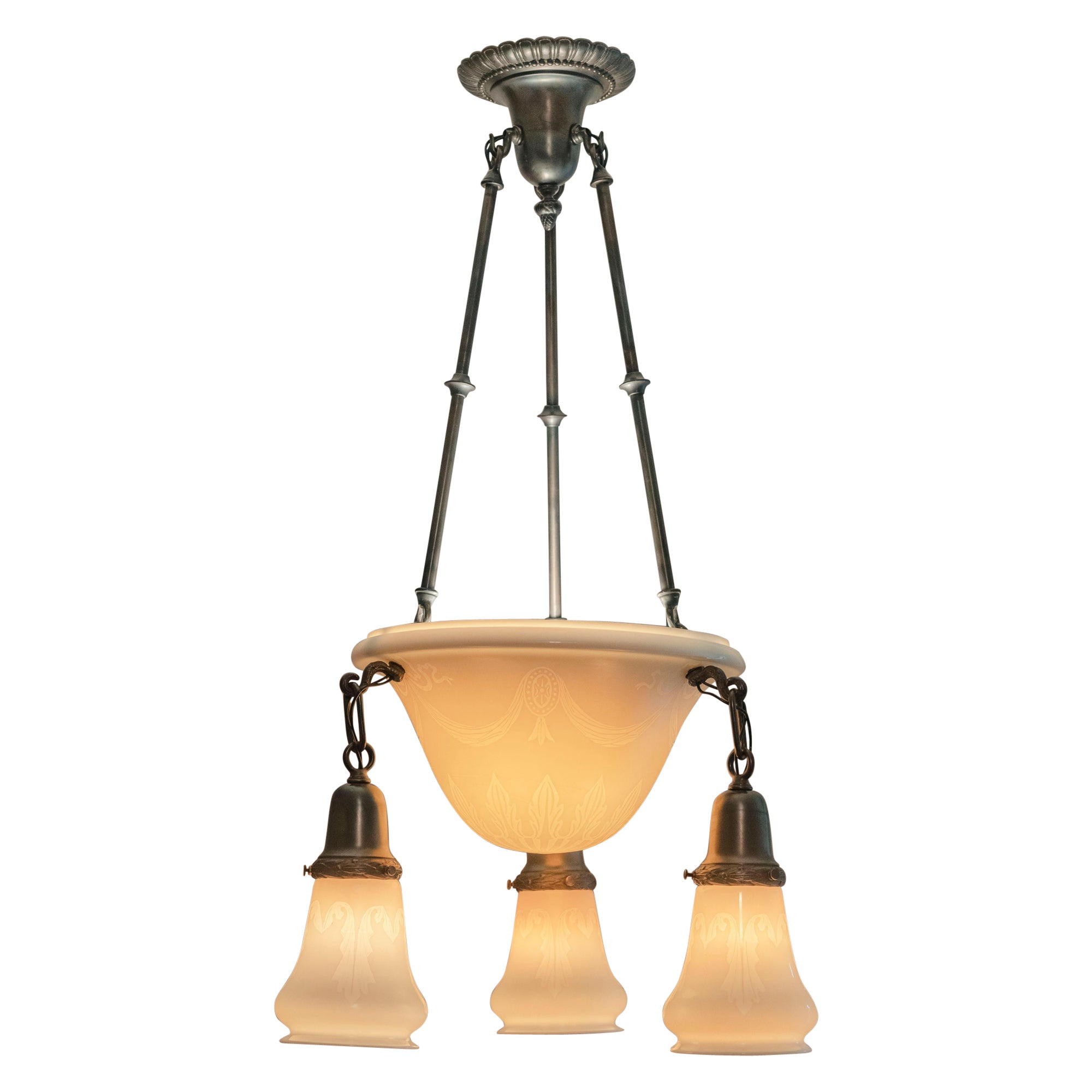 Hand Blown 
Etched Steuben Calcite Glass Pendant w/ 3 Satellite Shades, Ca.1910