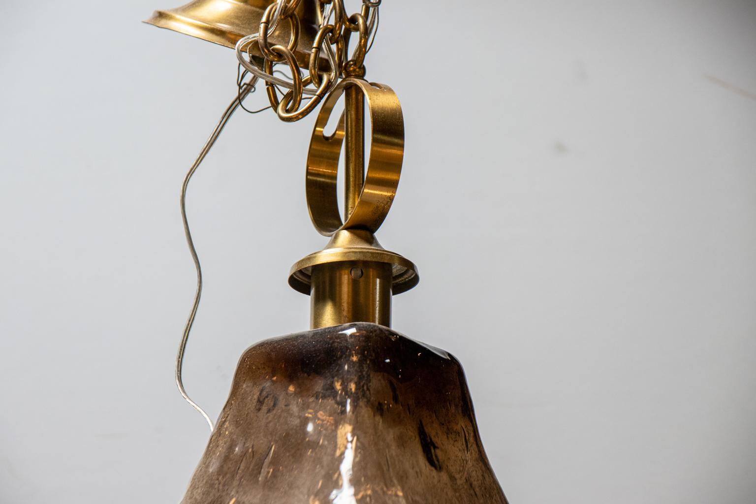 Hand Blown Glass and Brass Hanging Fixture In Good Condition For Sale In Stamford, CT