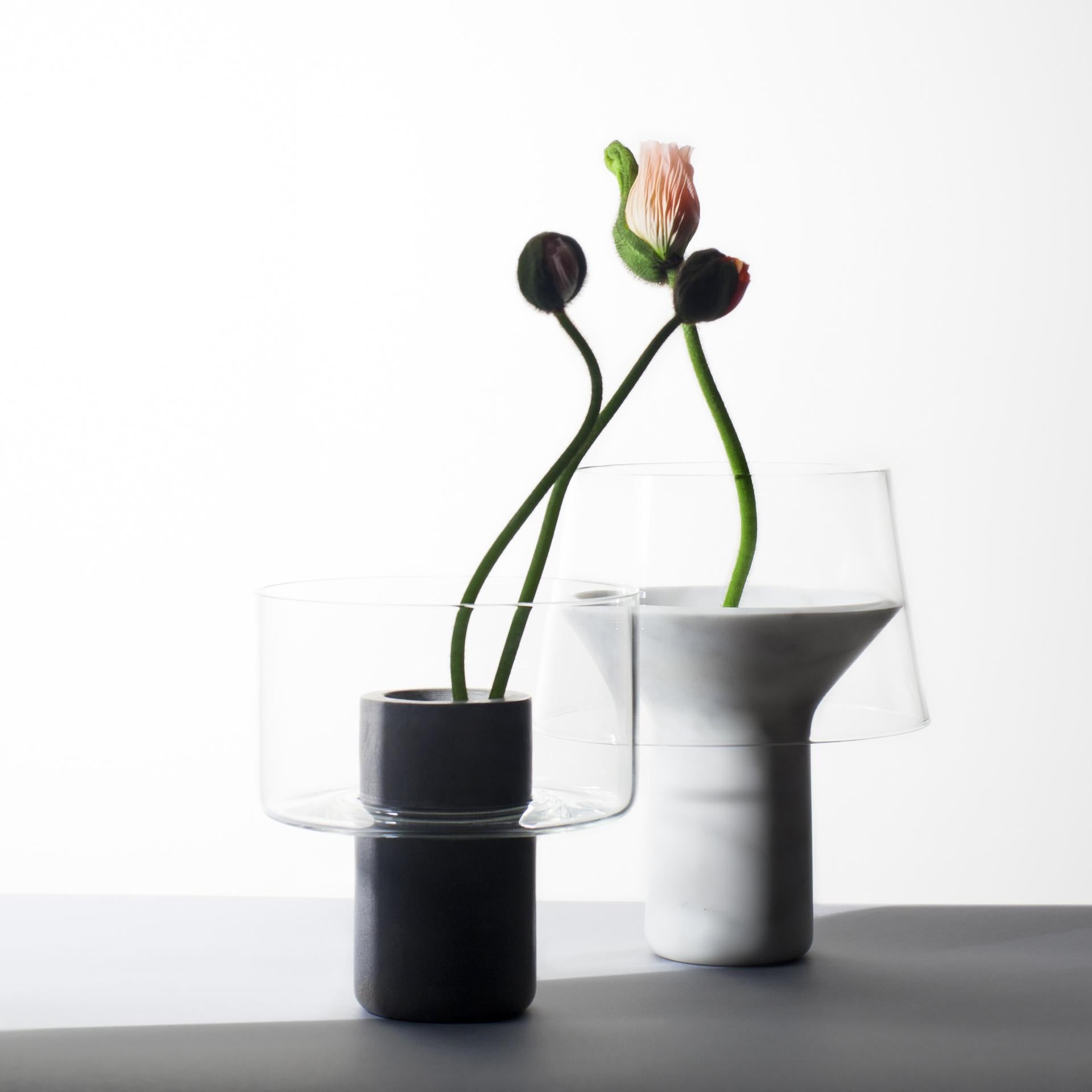 Contemporary Hand-blown Glass and Gray Fossena Marble Vase, Made in Italy, Sandro Lopez For Sale