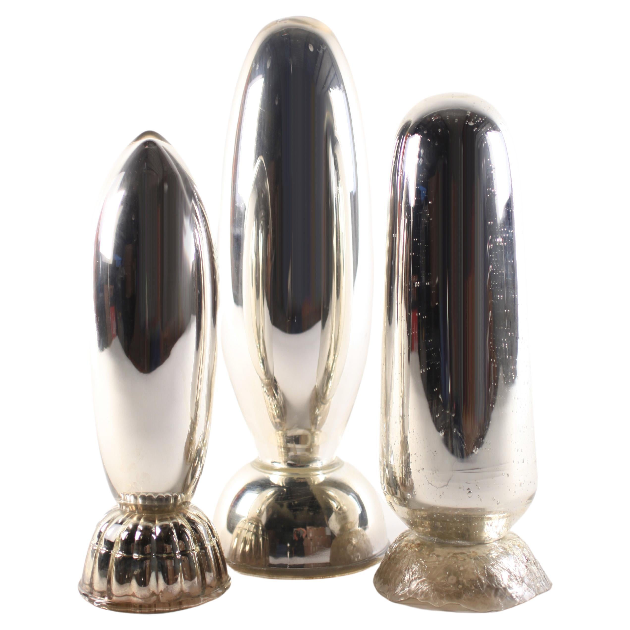 Hand Blown Glass and Mirrored Bomb Sculpture Trio #3 by Elizabeth Lyons For Sale