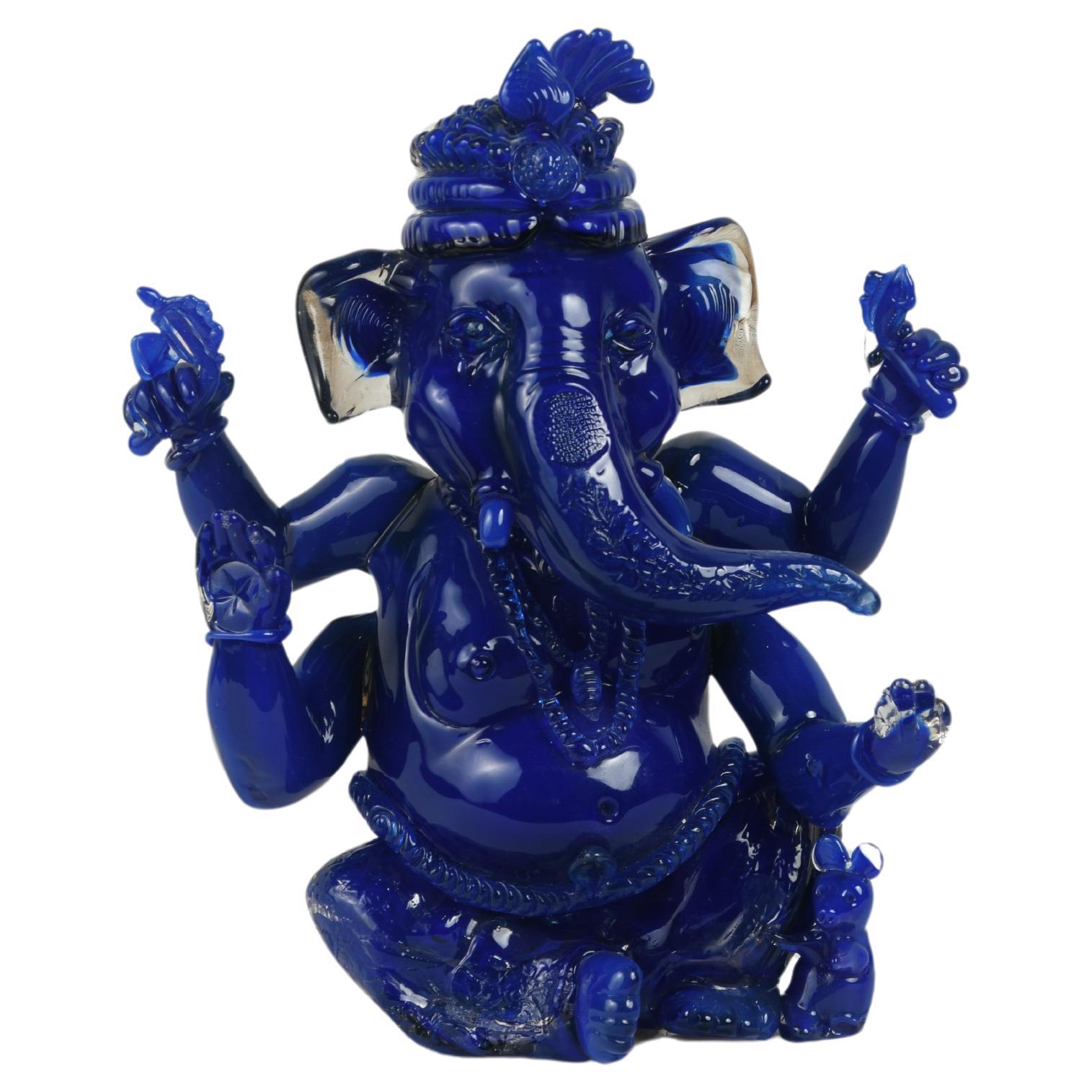 Hand-blown Glass Blue Ganesh Sculpture