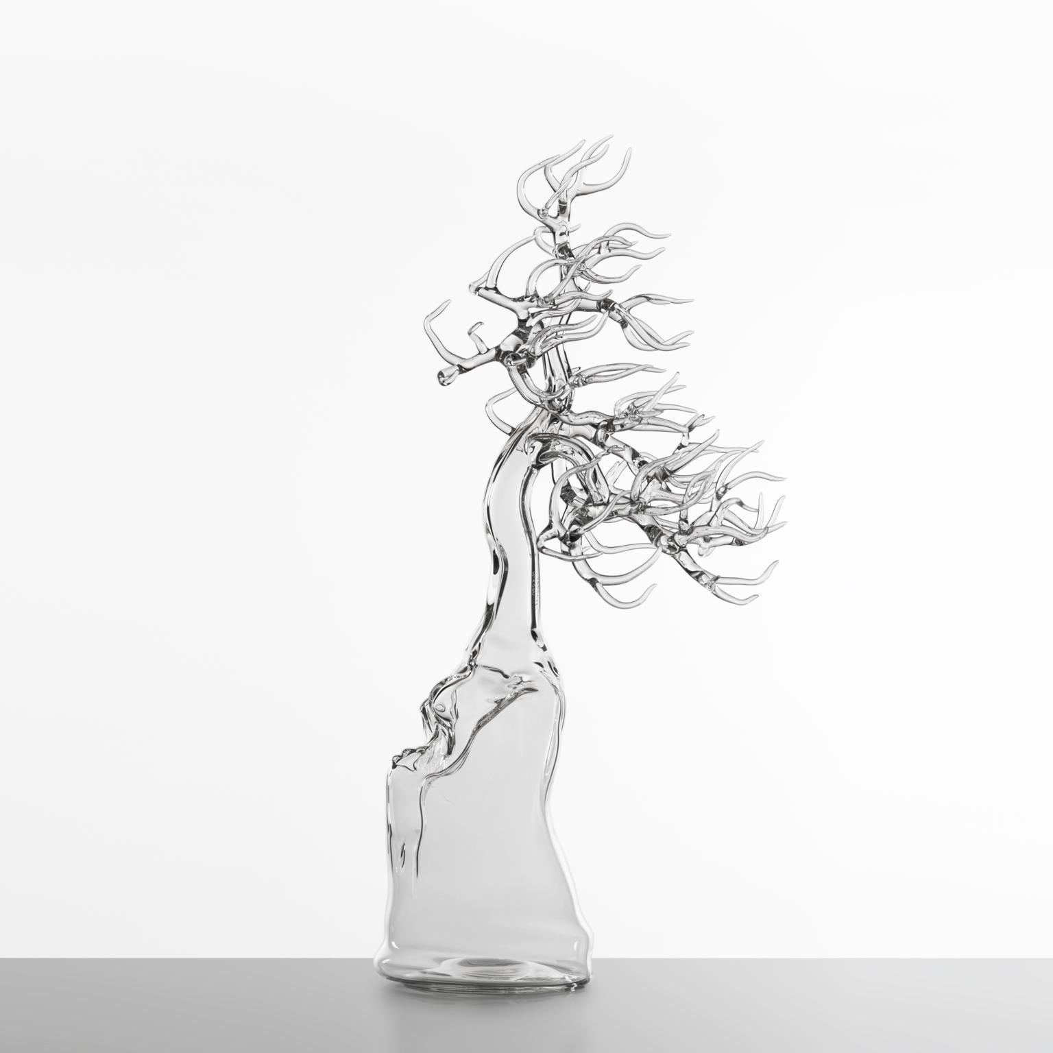 Hand-blown glass sculpture representing a bonsai tree.

