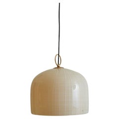 Hand Blown Glass + Brass Patterned Dome Pendant Light, Italy, 1960s