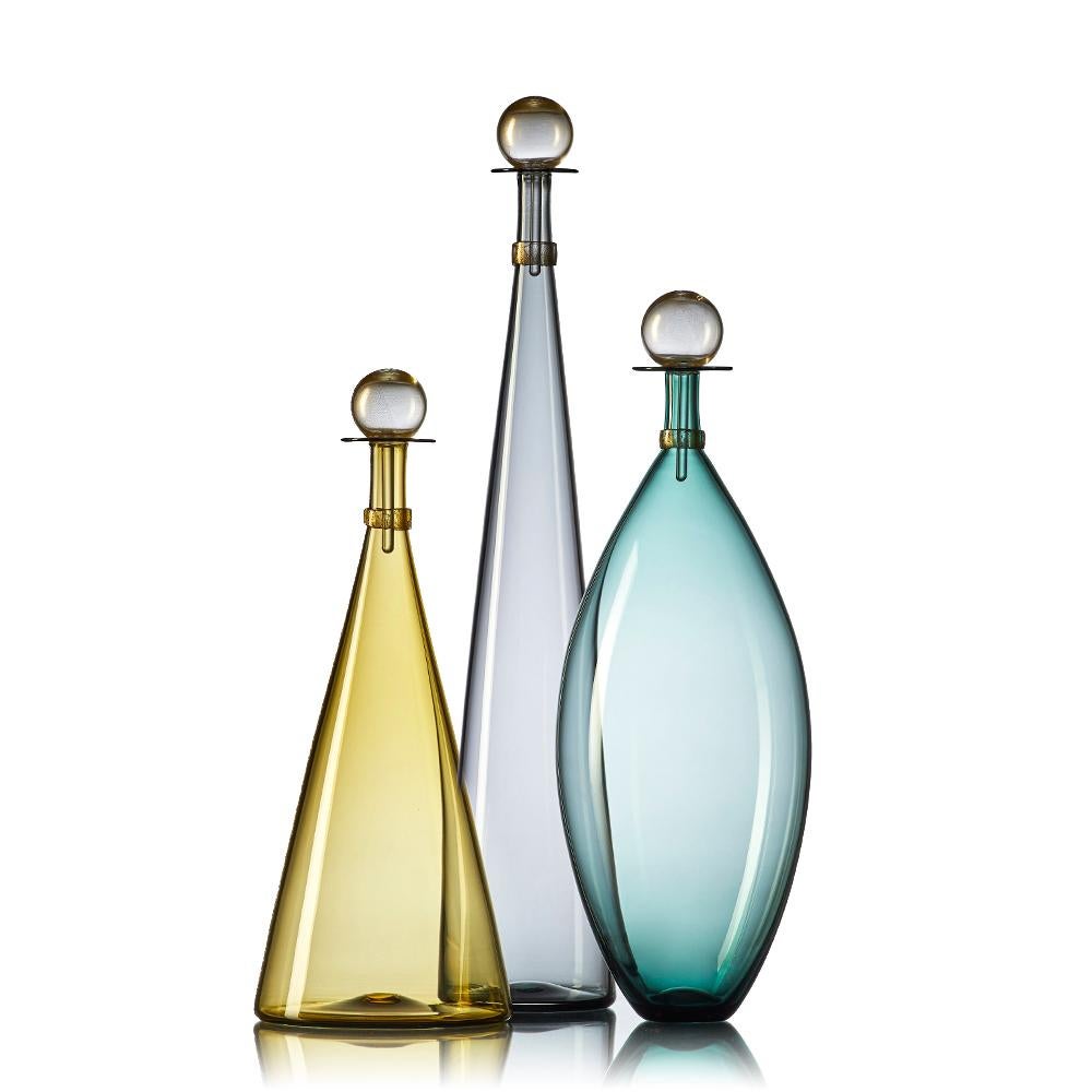 Mid-Century Modern Hand Blown Glass Decanter, Aquamarine Vase with Gold by Vetro Vero, in Stock