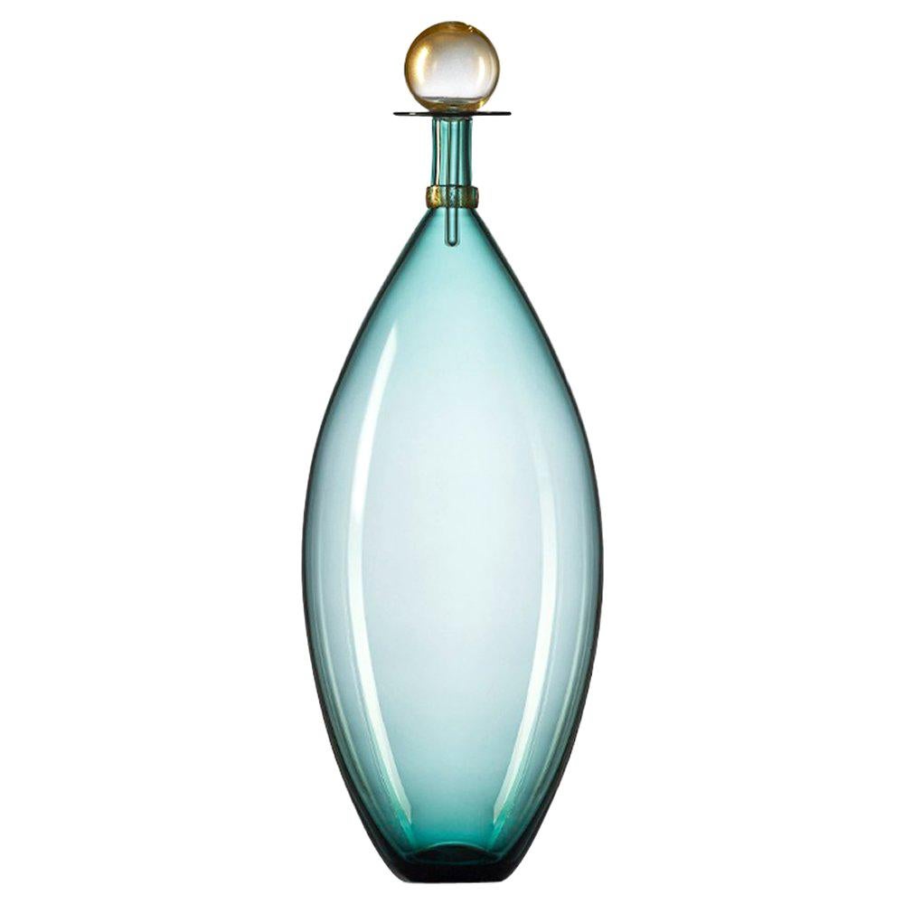 Hand Blown Glass Decanter, Aquamarine Vase with Gold by Vetro Vero, in Stock