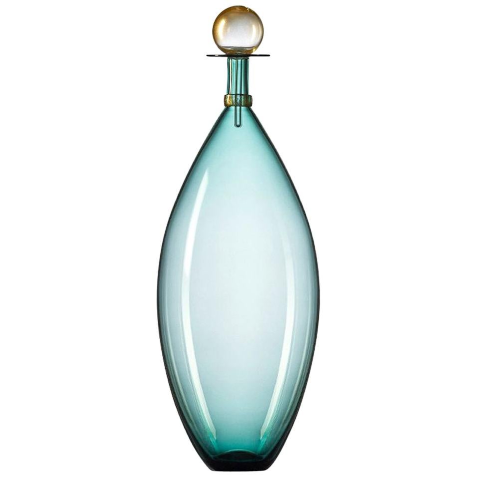 Hand Blown Glass Decanter, Pale Aquamarine Vase with Gold by Vetro Vero
