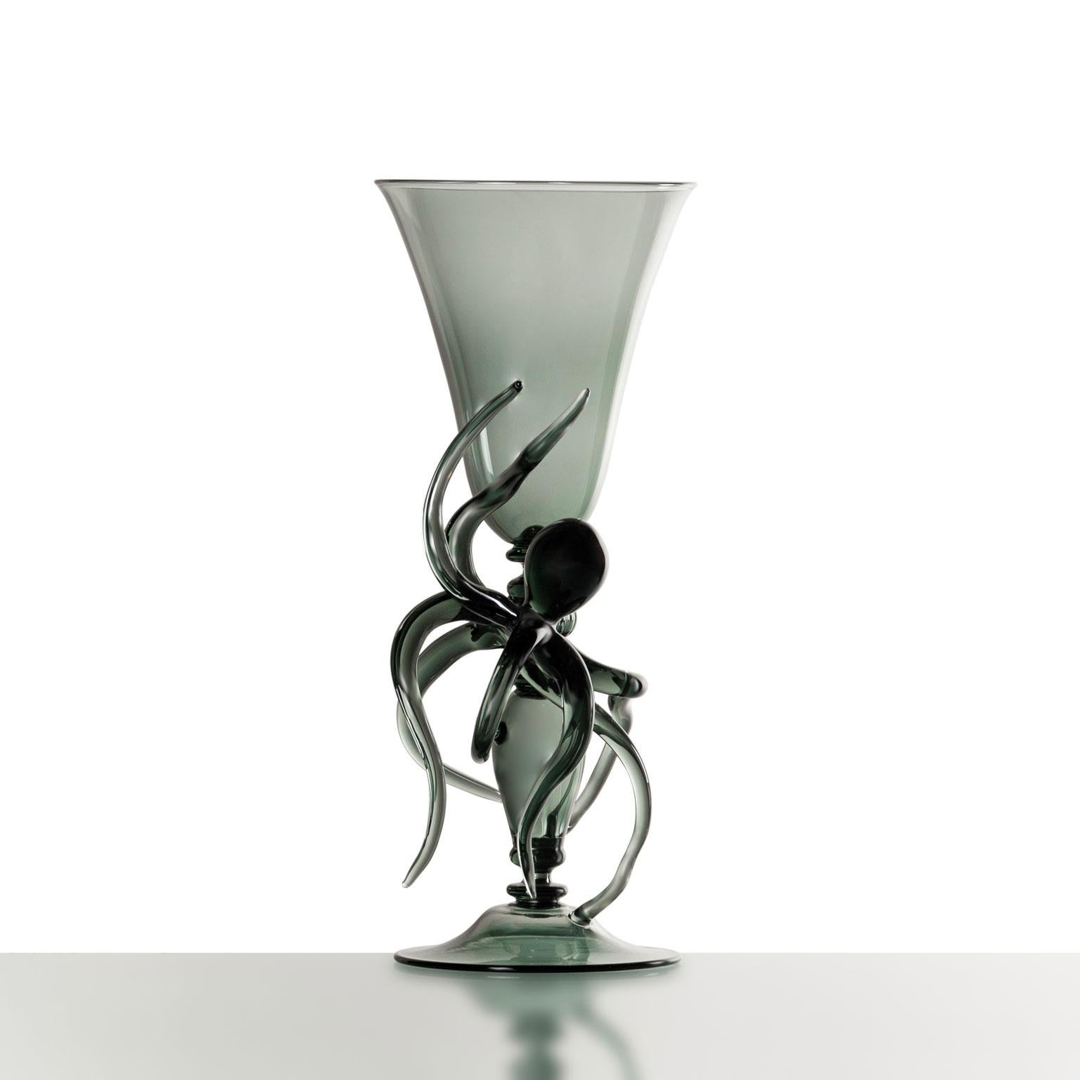 Hand-Crafted Contemporary Ironia Hand-Blown Transparent Black Glass Sculptured Goblet #06 For Sale