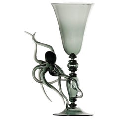 Contemporary Ironia Hand-Blown Transparent Black Glass Sculptured Goblet #06