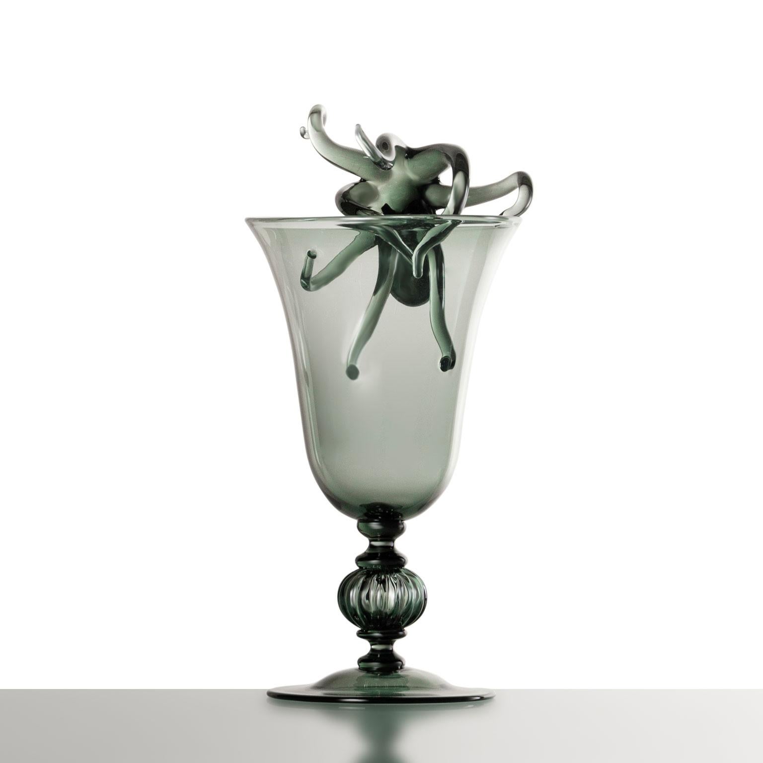 Contemporary Ironia Hand Blown Black Glass Sculptured Goblet #08 1