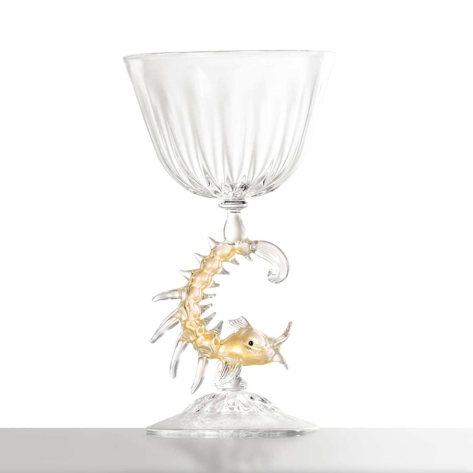 Italian Modern Prezioso #05 Hand-Blown Glass Sculptural Goblet Gold leafed Dolphin Stem For Sale