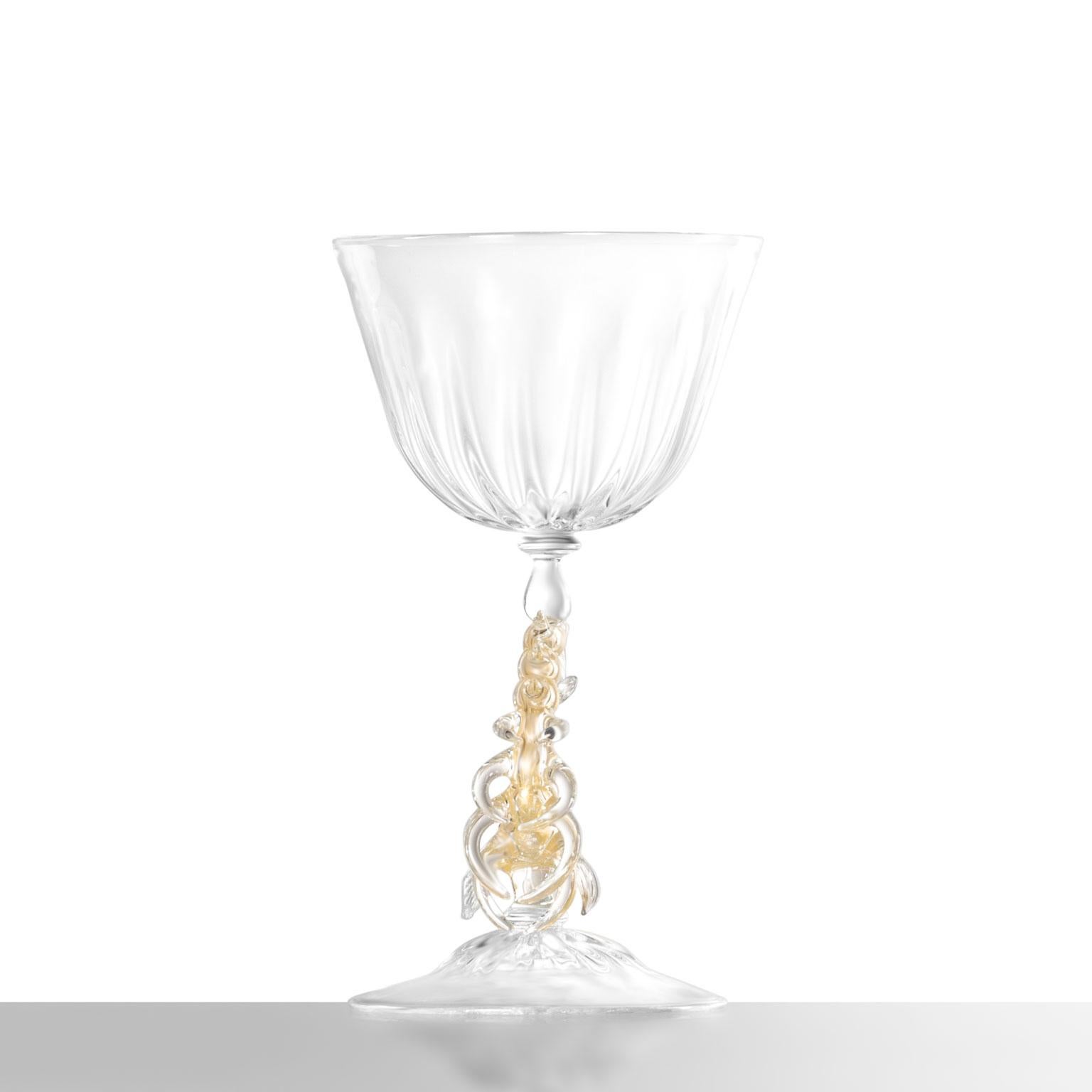 Hand-Crafted Modern Prezioso #05 Hand-Blown Glass Sculptural Goblet Gold leafed Dolphin Stem For Sale