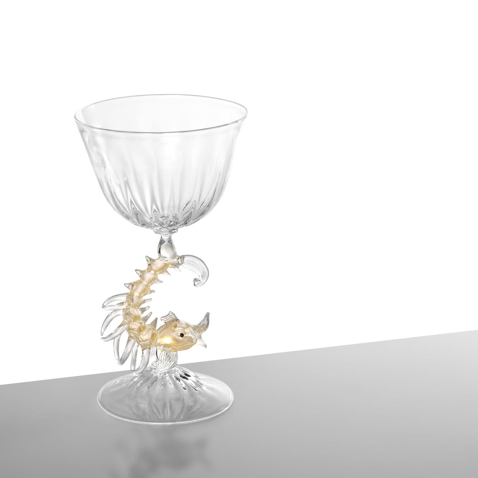 Modern Prezioso #05 Handgeblasenes Glas Skulptur Kelch Gold blättert Delphin Stem (Handgefertigt) im Angebot