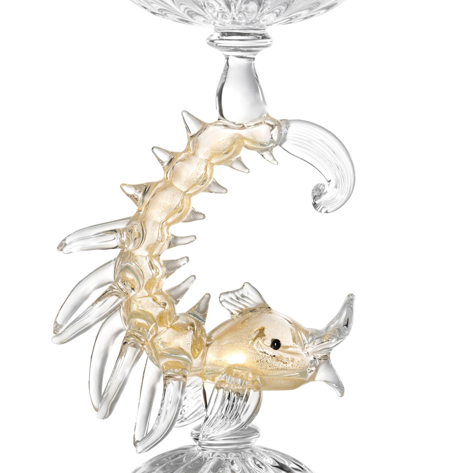 Modern Prezioso #05 Hand-Blown Glass Sculptural Goblet Gold leafed Dolphin Stem For Sale 1