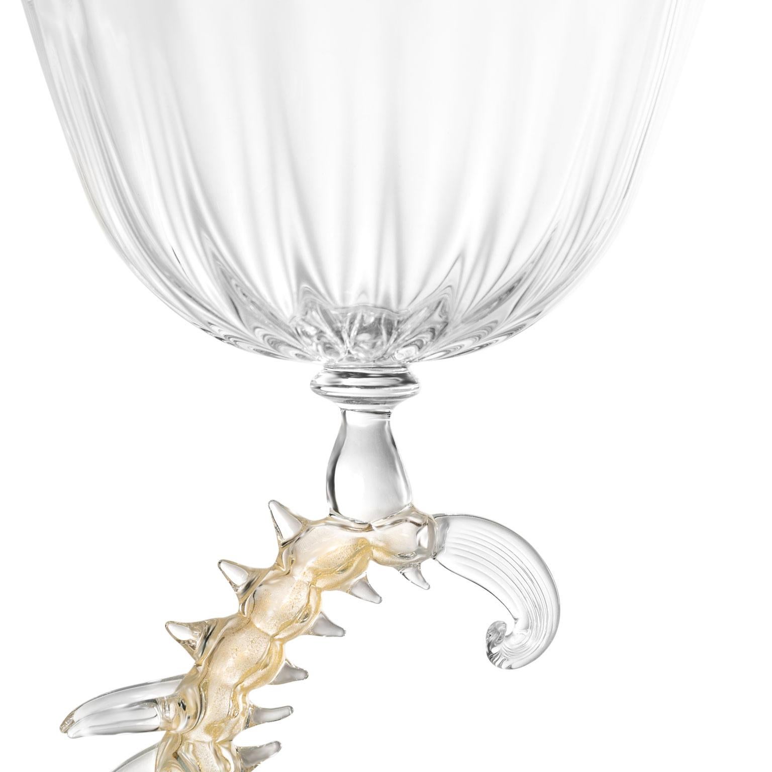 Modern Prezioso #05 Hand-Blown Glass Sculptural Goblet Gold leafed Dolphin Stem For Sale 2
