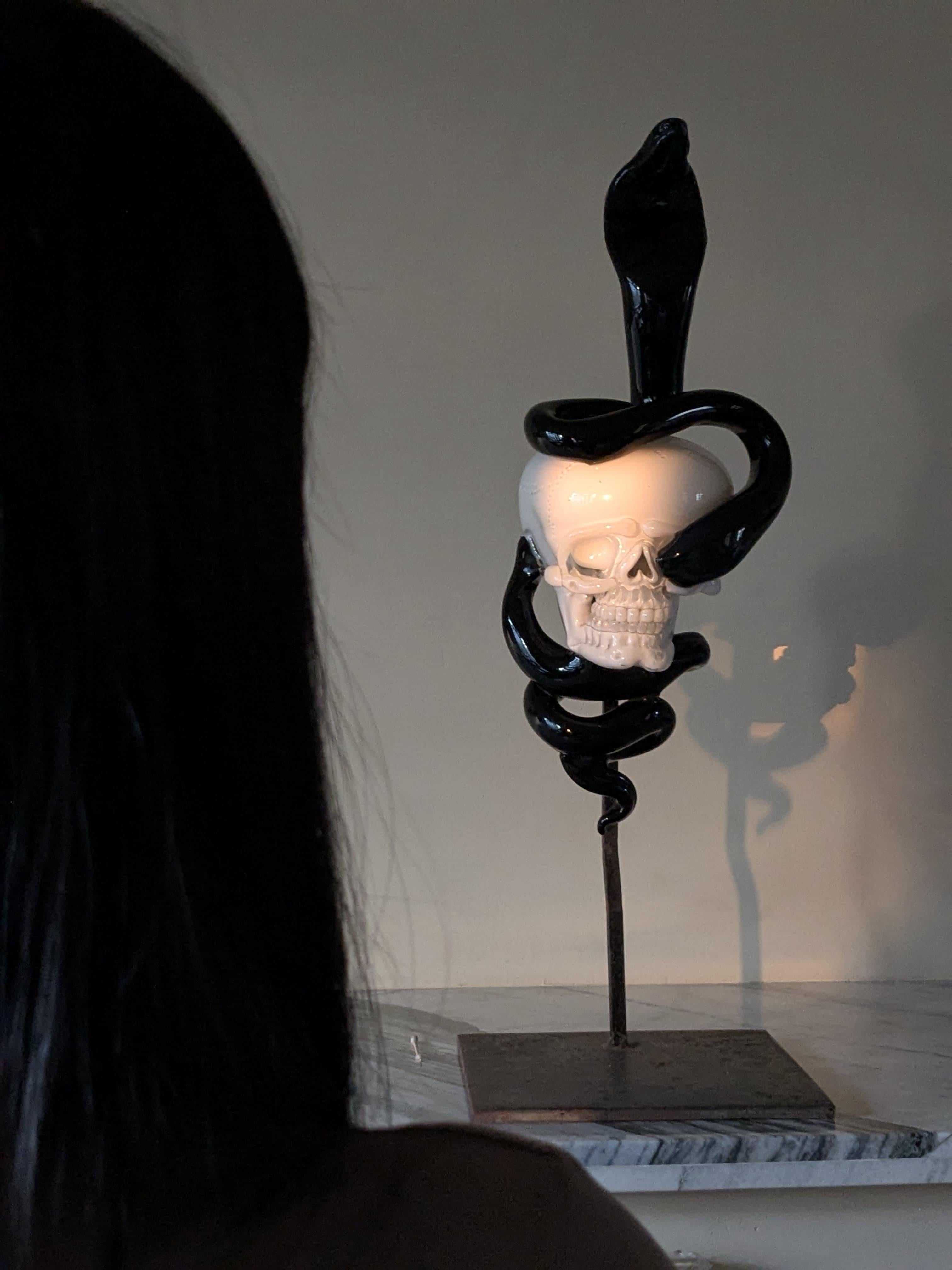 Verre d'art Diablo indien, crâne et serpent blancs et noirs soufflés à la main en vente