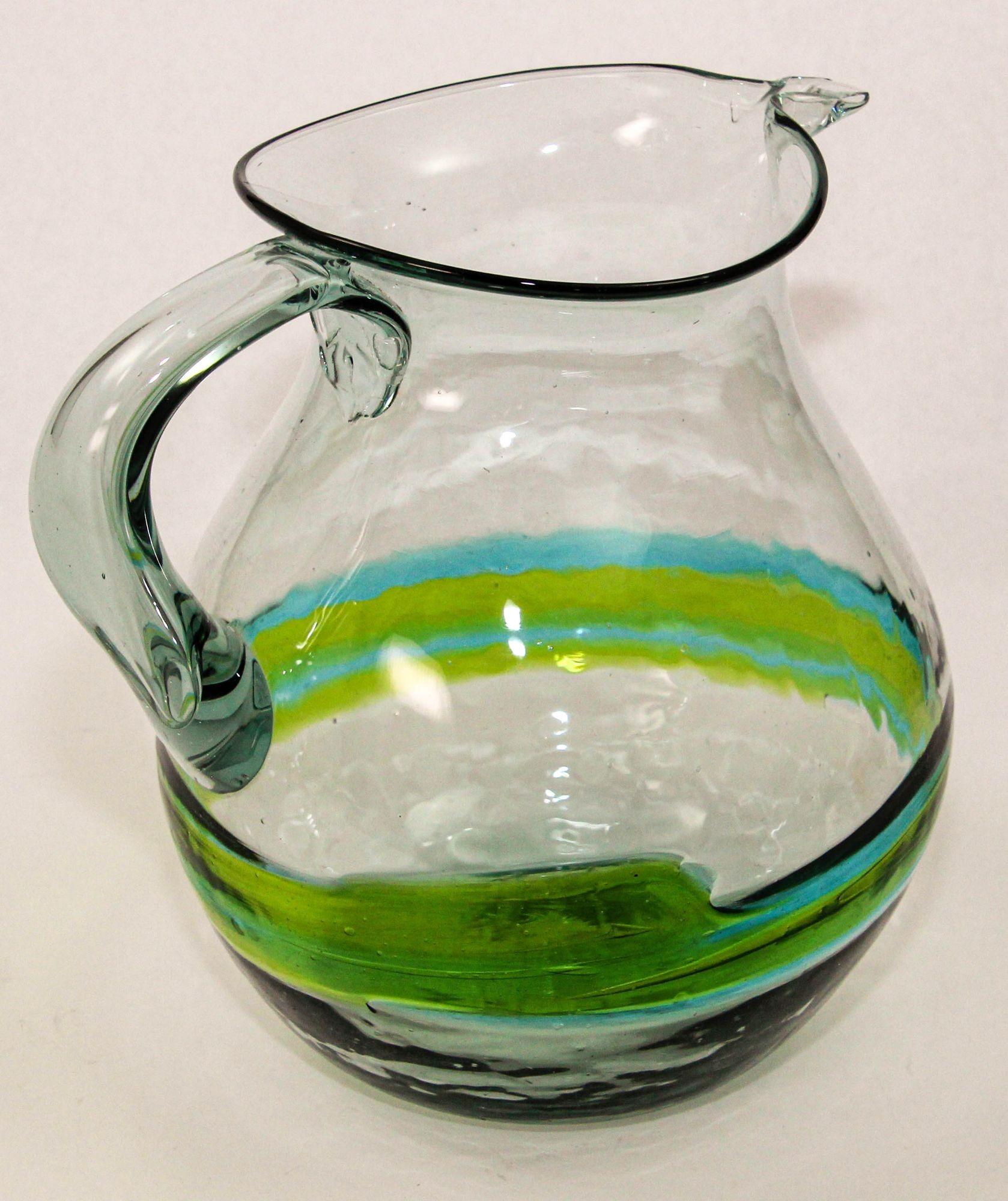 Hand blown Glass Pitcher With Green and Blue Swirl Design Mexico 1970s For Sale 2
