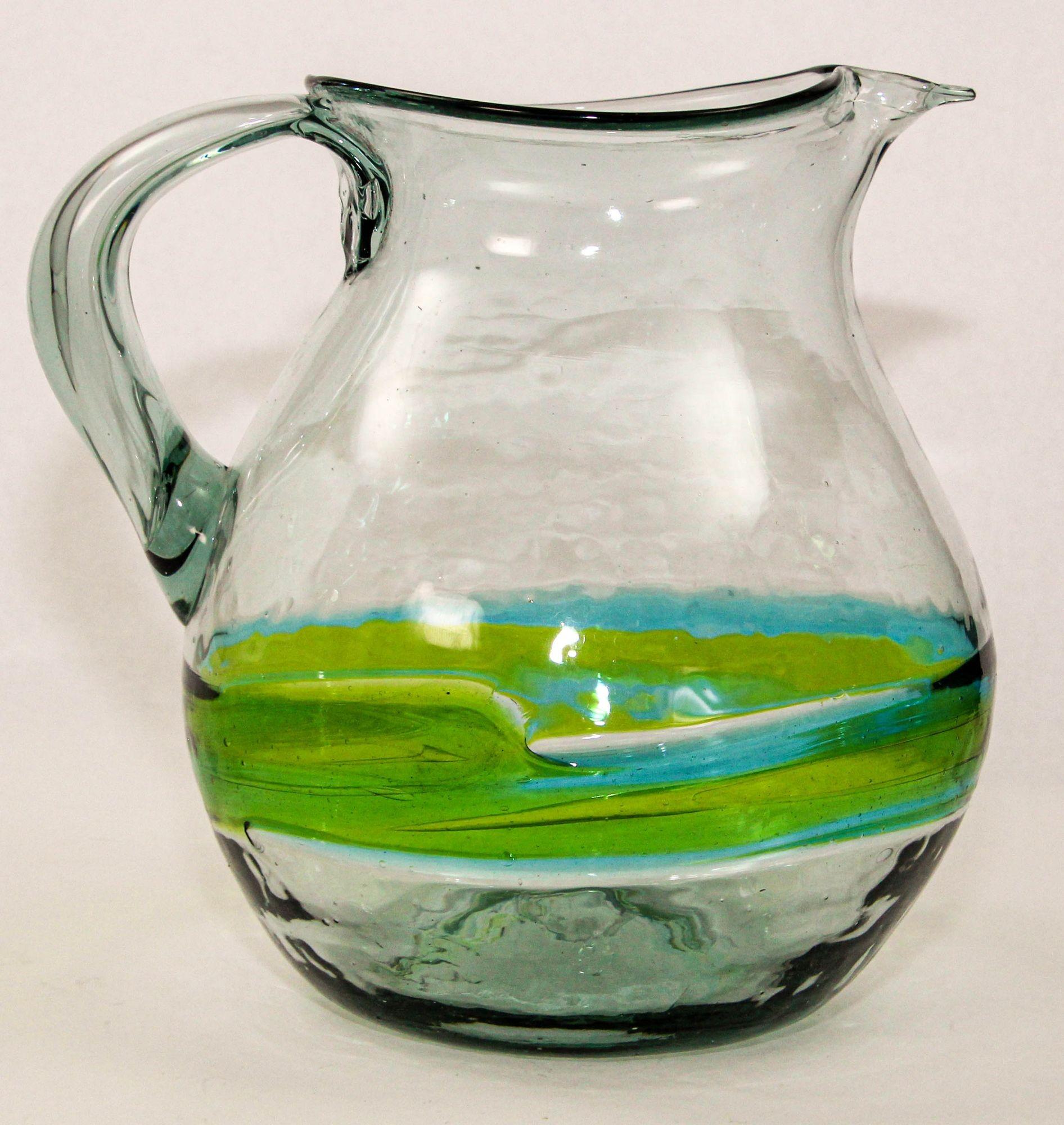 Hand blown Glass Pitcher With Green and Blue Swirl Design Mexico 1970s For Sale 4
