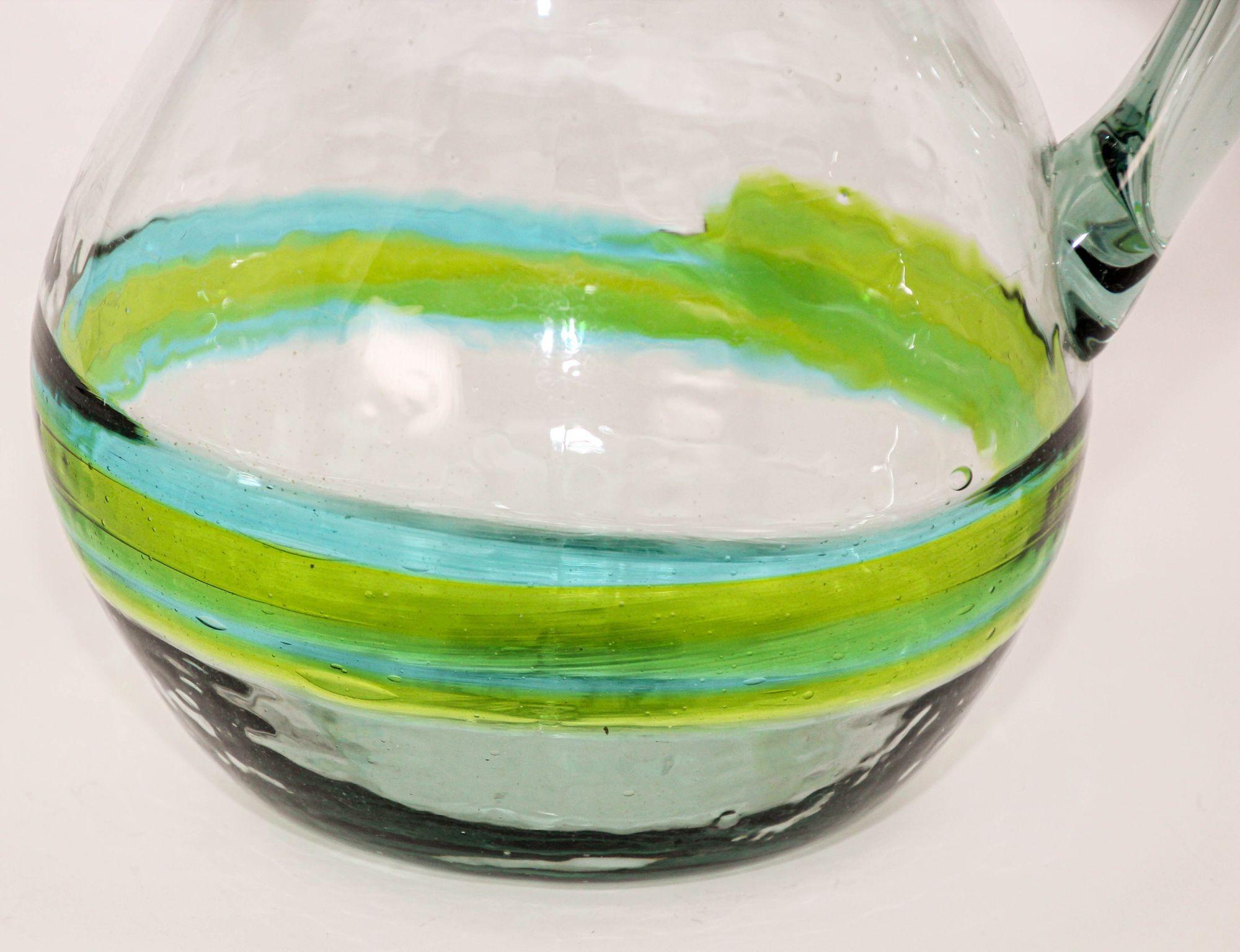Hand blown Glass Pitcher With Green and Blue Swirl Design Mexico 1970s For Sale 5