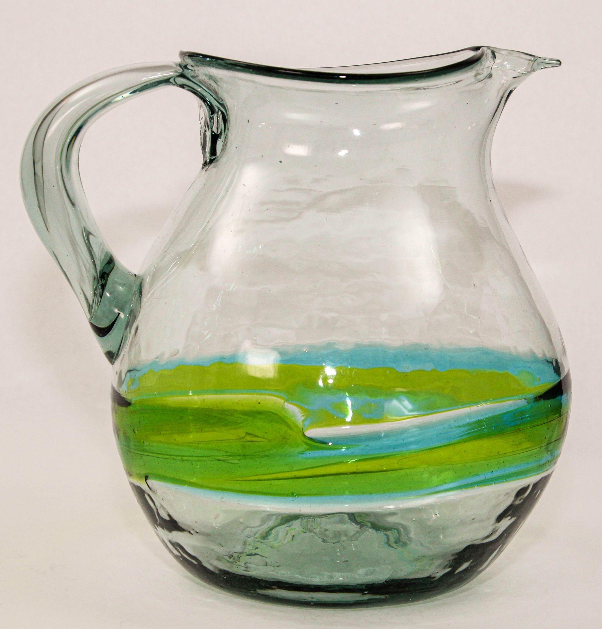 Hand blown Glass Pitcher With Green and Blue Swirl Design Mexico 1970s For Sale 6