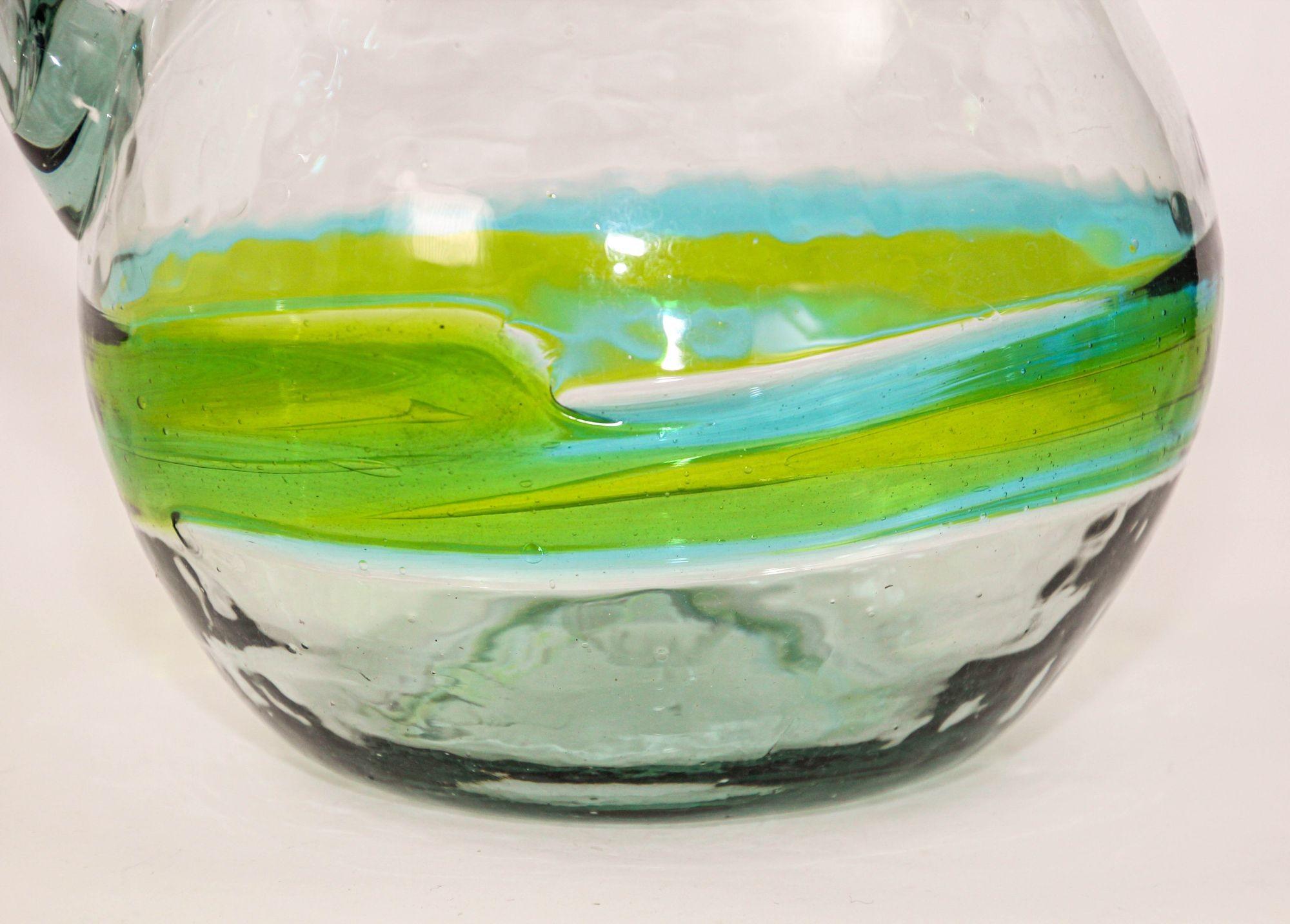 Hand blown Glass Pitcher With Green and Blue Swirl Design Mexico 1970s For Sale 7