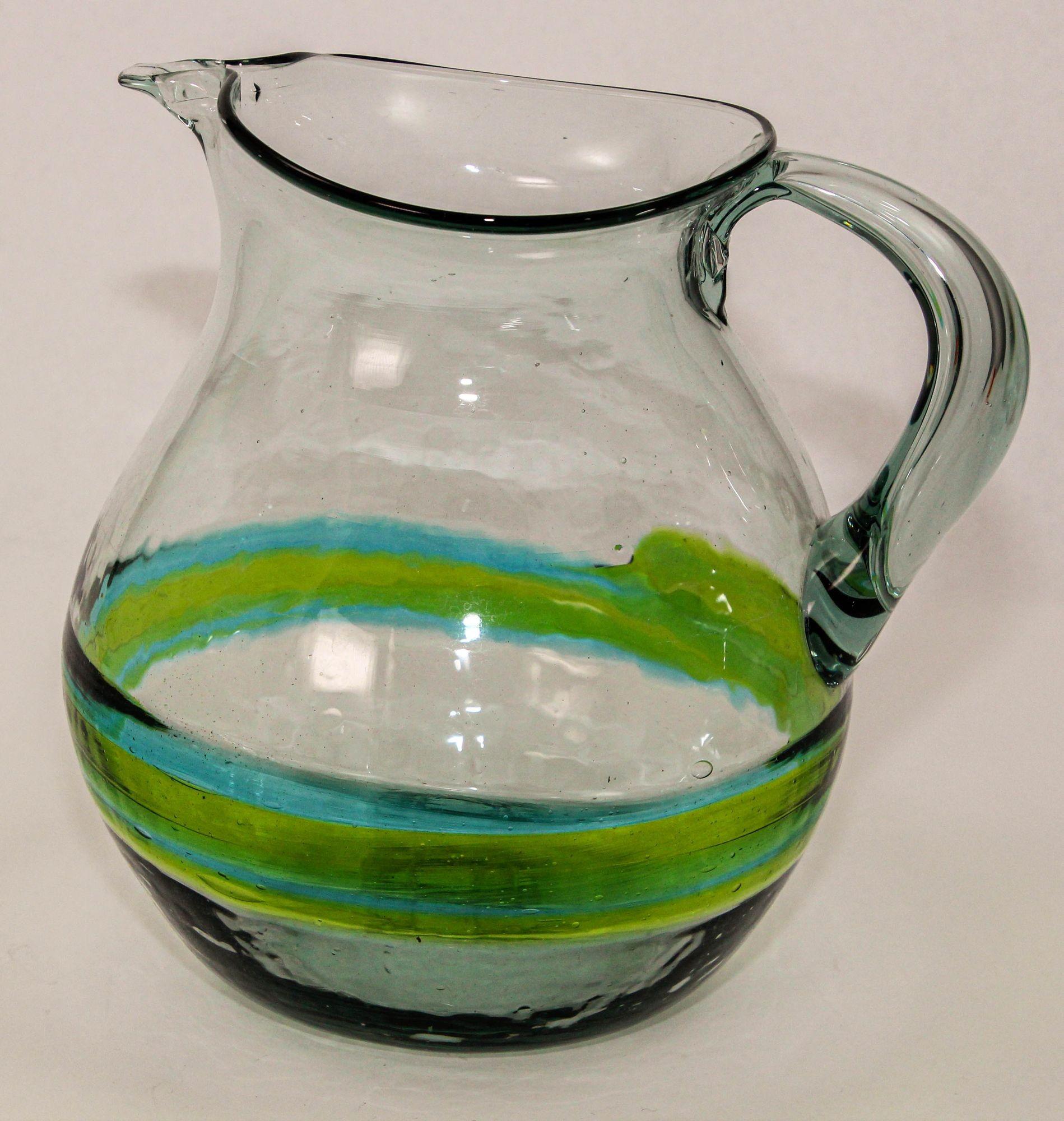 Hand blown Glass Pitcher With Green and Blue Swirl Design Mexico 1970s For Sale 8