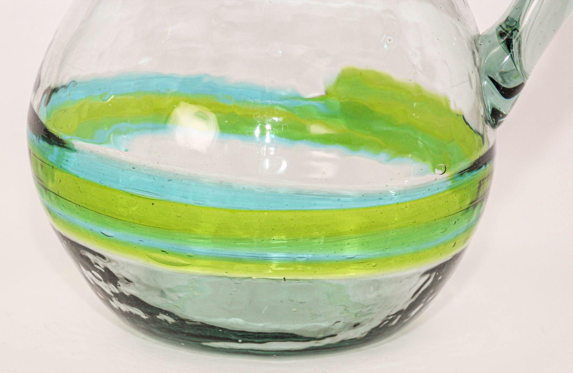 Mid-Century Modern Hand blown Glass Pitcher With Green and Blue Swirl Design Mexico 1970s For Sale