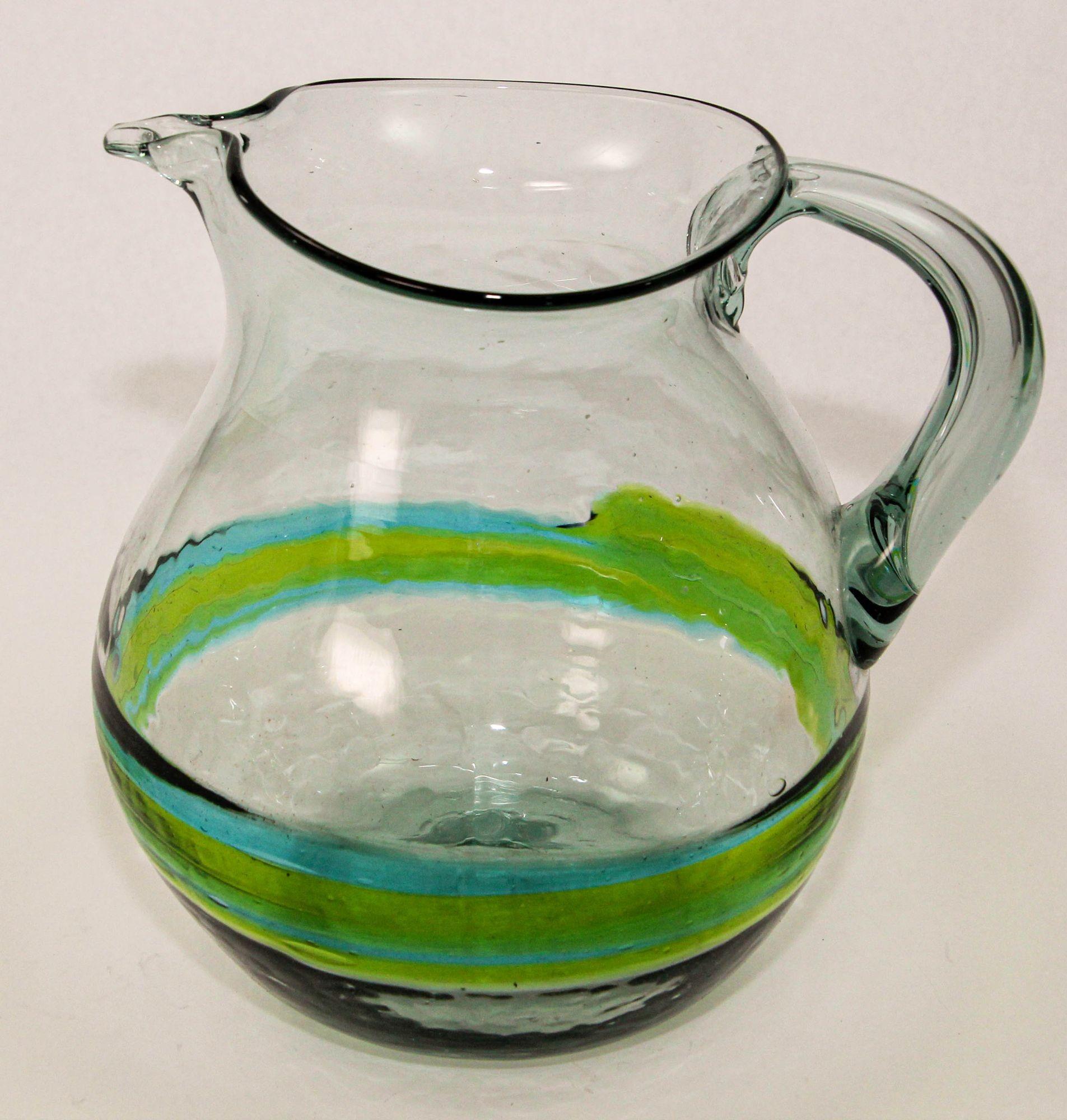 Mexican Hand blown Glass Pitcher With Green and Blue Swirl Design Mexico 1970s For Sale