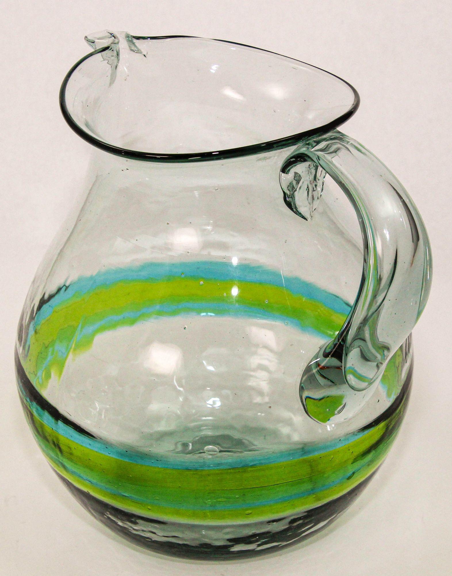 Hand-Crafted Hand blown Glass Pitcher With Green and Blue Swirl Design Mexico 1970s For Sale