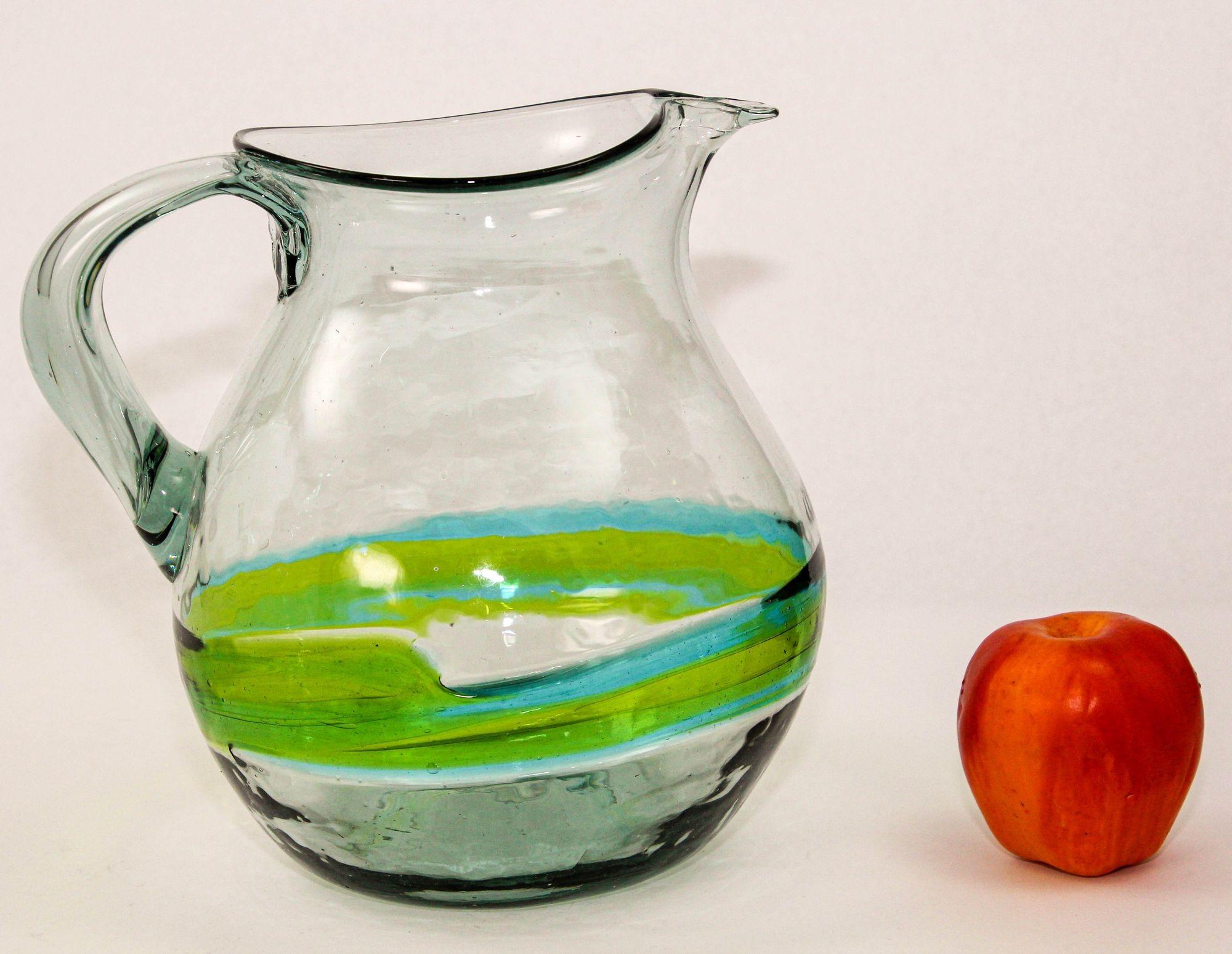Hand blown Glass Pitcher With Green and Blue Swirl Design Mexico 1970s In Good Condition For Sale In North Hollywood, CA