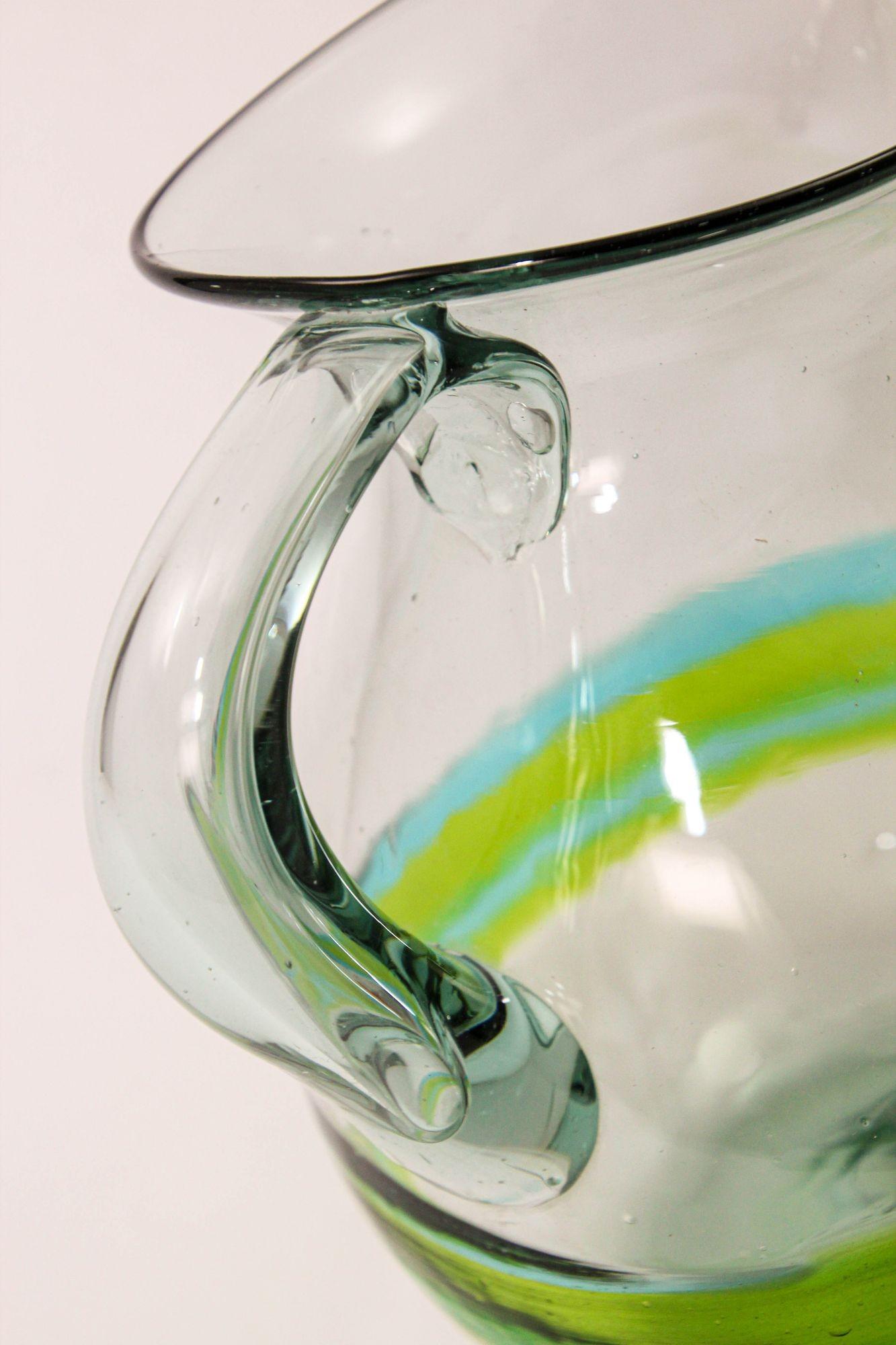 20th Century Hand blown Glass Pitcher With Green and Blue Swirl Design Mexico 1970s For Sale